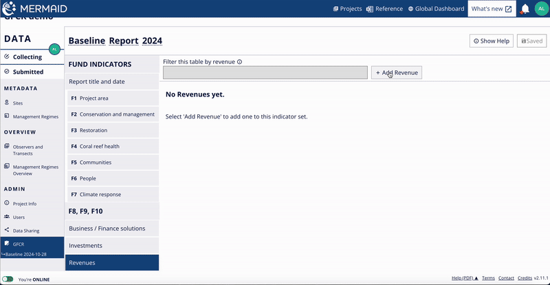 Animated GIF showing the Add revenue form with fields for solution, revenue type, sustainable revenue stream, and amount.