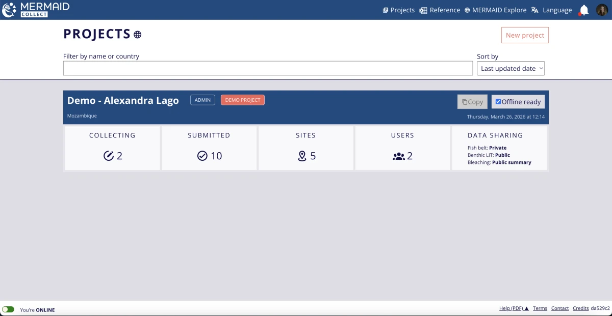 Screenshot of demo project card in Projects page of MERMAID Collect.