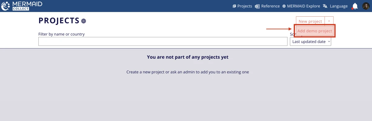 Screenshot of the Projects page in MERMAID Collect showing how to add a new demo project.