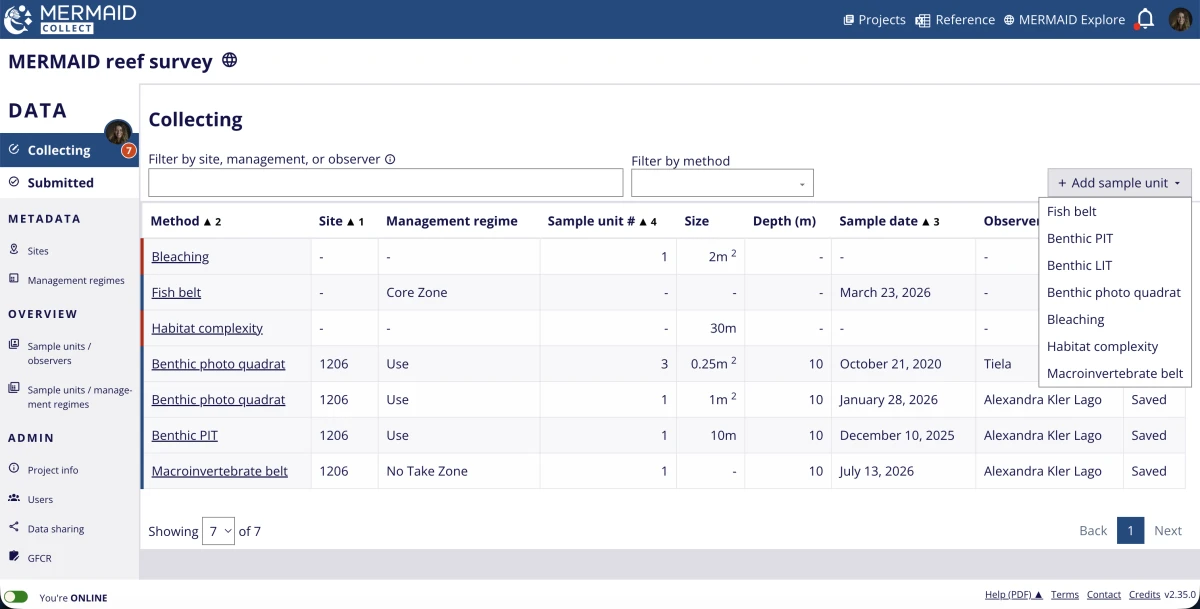 Dropdown menu for adding a new sample unit by method.