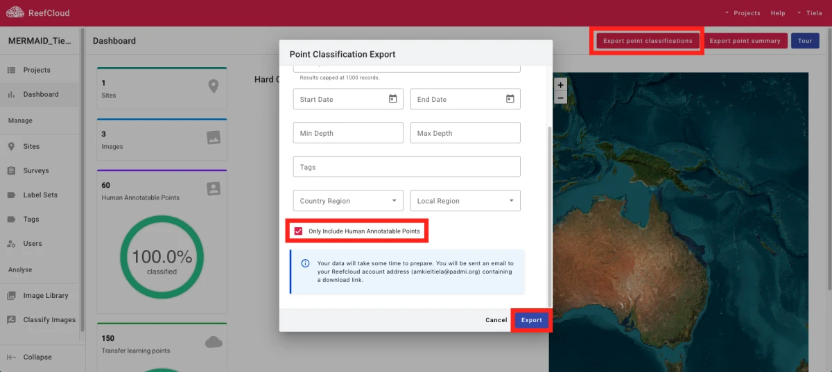 Screenshot showing how to export annotations in ReefCloud as a zip file.