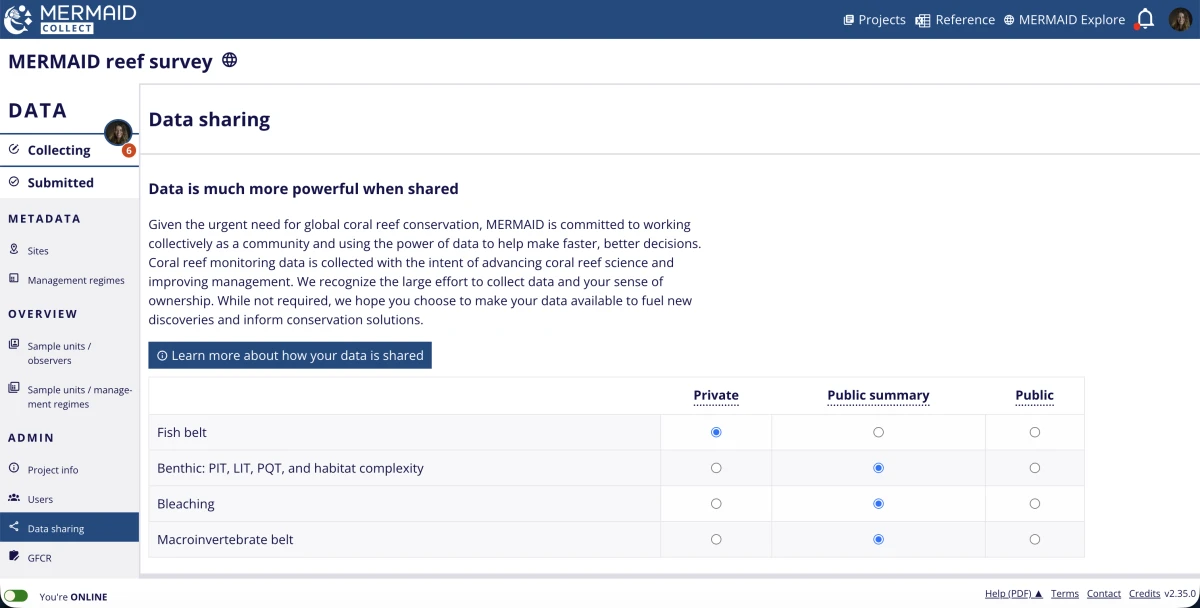 Screenshot of data sharing settings with toggles for public, private, and public summary.