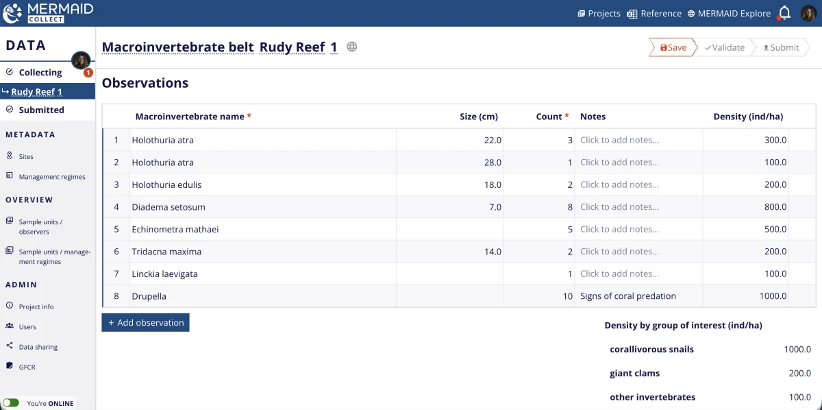 Screenshot showing a MERMAID Collect macroinvertebrate belt sample unit showing fields for the sample event, transect details, observers, and macroinvertebrate observations.