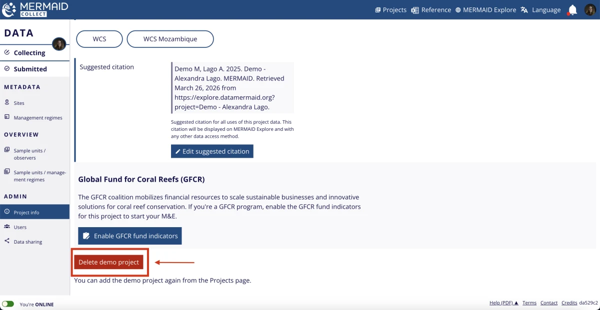Screenshot of Project info page within the demo project in MERMAID Collect showing how to delete a demo project.