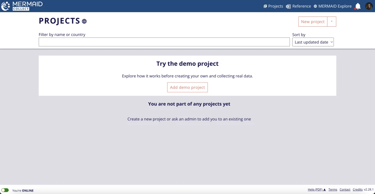 Screenshot of Projects page of first-time user with try out the demo project call out.