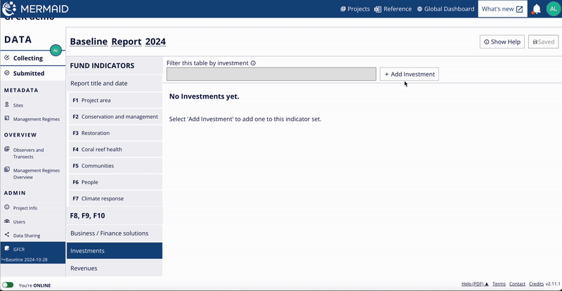 Animated GIF showing the Add investment form with fields for facility or solution, investment source, type, and amount.]